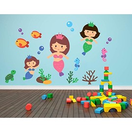 Underwater Set - Peel and Stick - Mermaids Fish Bubbles - Wall Decal - 60" Wide x 36" high