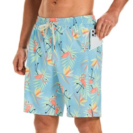 HODOSPORTS Mens Board Shorts 9" Quick-Dry Swim Trunks No Liner with Zipper Pockets (Regular&Extended Sizes), Colorful Flamingo, Small