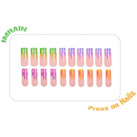 IMRAIN Colorful Flame French Tips Press on Nails Long Square Fake Nails Acrylic Nail Art Kit Full Cover Glossy Glue on Nails Summer Artificial False Nails Stick on Nails for Women 24Pcs
