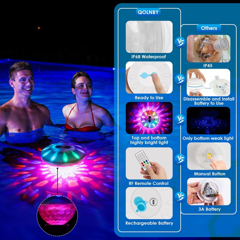 QOLNBY Floating Pool Lights, Rechargeable Pool Lights with 6 Dynamic
