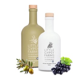 Organic Balsamic Vinegar & Heirloom Olive Oil from Little Gypsy Farms | First Cold-Pressed and Oak Barrel Aged | Notes of Fig with Strawberry Finish | Single Family Farms in Greece (2 Pack)