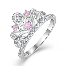 STARCHENIE Princess Crown Tiara Ring Wedding Band 925 Sterling Silver Created Pink Tourmaline Rings for Women Size 5