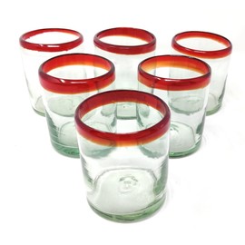 Dos Sueños Hand Blown Mexican Drinking Glasses - Set of 6 Tumbler Glasses with Red Rims (10 oz each)