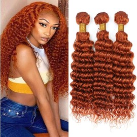 QEUOPE Burnt Orange Deep Curly Wet and Wavy Bundles Human Hair Color 350 Ginger Deep Wave Bundles Double Weft Brazilian Hair Extensions Silky and Soft for Black Women 24 26 28 Inch