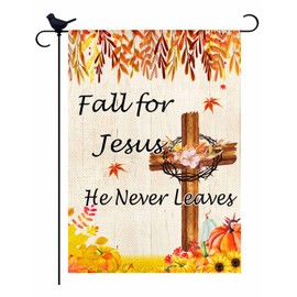 HHERCICIM Fall For Jesus He Never leaves Pumpkin Maple Leaves Fall Garden Flag,Autumn Harvest Thanksgiving Small Garden Flags for Holiday Burlap Outdoor Decor Double Sided 12.5x18 Inch