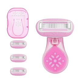 LuojinLuoda Mini Travel Razor for Women, 5-Blade Travel Essentials Razor Women Kit With 1 Blade Razor + 3 Refills + 1 Travel Case, Sensitive Skin Safety Razor Travel Toiletries for Smooth Legs Hands Arms