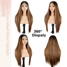 Kurope 13x4 Synthetic Lace Front Wig for Women Omber Brown Mixed Blond Highlight Long Straight Lace Wig Pre-Plucked Lace Wigs with Baby Hair 26inch Wigs for Beginner Friendly