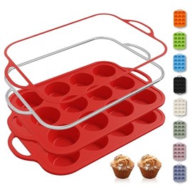 2 paquetes de 12 tazas de molde para magdalenas de silicona para hornear con marco reforzado de metal, molde para cupcakes de tamaño regular, molde pa