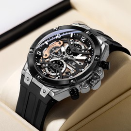 senstone Mens Watch with Rubber Strap Quartz Analog Multifunction Chronograph with Calendar Waterproof Silicone Band Sport Watch for Men Casual (Silver-Black)