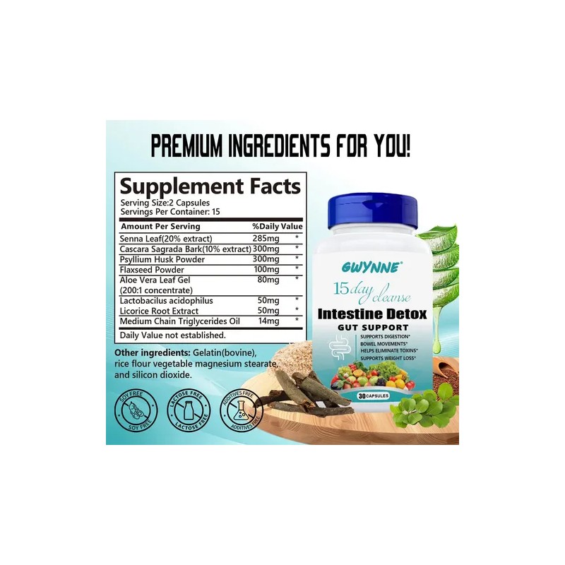 Gwynne Suplementos 15 Day Cleanse Desintoxicación Avanzada Inntestinal,Soporte intestinal y