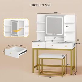YITAHOME Vanity Desk with LED Lights Mirror & Power Outlets, Makeup Table Set with 3 Adjustable Lighting Modes, Open Shelves and Hidden Storage, Stool, Hooks and Hair Dryer Holder for Bedroom, White