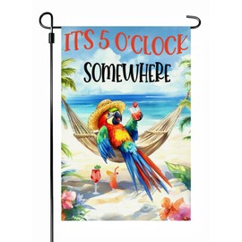 It's 5 o'clock Somewhere Parrot Beach Garden Flag, 12 x 18 Inch Burlap Double Side Printed, Funny Tropical Feeling Yard Lawn Patio Porch Decor Flags for Wine Drink Lovers (A)