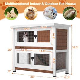2 Story Solid Wood Rabbit/Bunny Hutch with 2 Large Main Rooms, Indoor Outdoor Rabbit House Guinea Pig Cage Pet House for Small Animals with Ventilation Door Removable Tray Waterproof Roof (Grey)