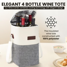 ELVIANO Insulated Wine Bag Cooler – Beige and Gray, Holds 4 Bottles, Wine Opener, Shoulder Strap, Expandable Zipper, 7.8 x 5 x 15 inches, Perfect for Travel & Picnic