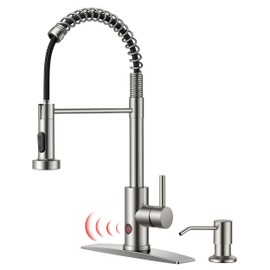 FORIOUS Touchless Kitchen Faucet with Soap Dispenser, Motion Sensor Activated Smart Sink Faucet with Pull Down Sprayer Single Handle Hands Free for Farmhouse Camper RV, Brushed Nickel