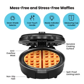 Chefman Anti-Overflow Waffle Maker, Belgian Waffle Iron with Seven Crunch Selector Settings, Mess-Free Moat Catches Excess Batter, Nonstick Electric Single Griddle Mold Makes 6-Inch Round Waffles