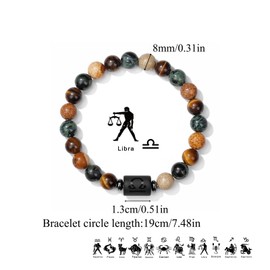 Libra Zodiac Bracelet for Men Women- 8mm Natural Black Onyx Stone Black Obsidian Beaded Bracelet Constellation Horoscope Gifts