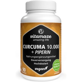 Turmeric 10,000 mg High Dose in Just 1 Capsule with Piperine + Curcumin, 90 Capsules Bioactive Curcuma Extract for 3 Months, Dietary Supplement without Additives
