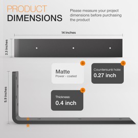 BATODA 14” Countertop Support Steel Brackets (2 pcs) for Large Granite - Heavy Duty L Floating Shelf Bracket - Black Metal Wall Mounted Support for Wood Shelving – Mounting Hardware Included