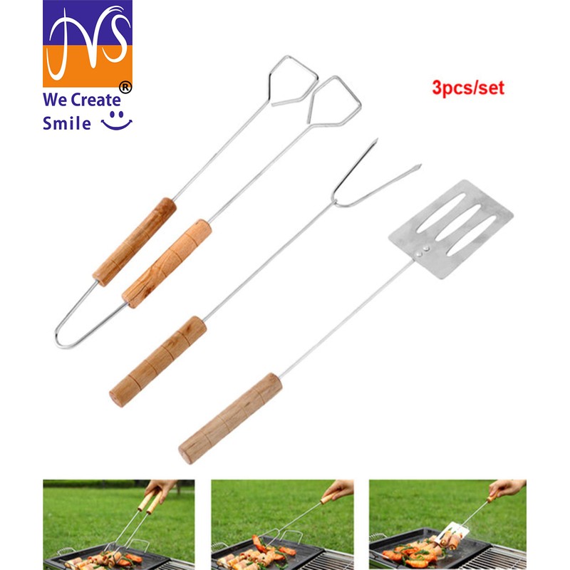 JMS® 3pcs/set Chrome BBQ Forks Roasting Sticks Wooden Handle Chicken