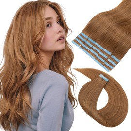 Lveyan Tape in Hair Extensions Human Hair,20 Inch Auburn Brown Remy Human Hair for Women Skin Weft 20pcs 50g/pack Invisible Tape in Hair Extensions (#30, 20 Inch)