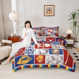 Erosebridal Baseball Glove Comforter Set Vintage Baseball Bat Twin Bedding Sets for Girls, Ball Sports Comforter Patchwork Style Softball Ball Game Quilt