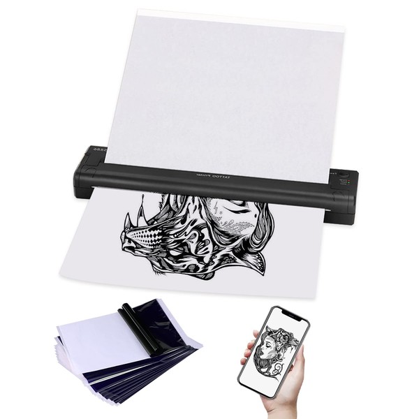YILONG - Impresora de plantillas para tatuaje, mini máquina portátil de transferencia de tatuajes, USB, inalámbrica, Bluetooth, color negro, con 15 papeles de transferencia de tatuajes