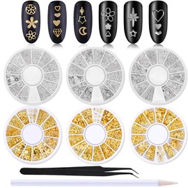 WOKOTO 6 Boxes Gold Silver Hollow Nail Art Studs Set Star Moon Flower Nail Rivet Kit Manicure Jewelry Decorations With 1Pc Tweezers And Picker Pencil