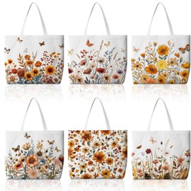 Bencailor 6 Pcs Fall Canvas Tote Bags Bulk Pumpkin Maple Leaf Flowers Reusable Grocery Tote Bags for Women Thanksgiving Gifts(Colorful,Autumn Flowers)