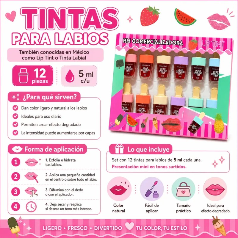 12 Piezas Labial Lip Gloss Tinta Coranea Rojo Brilloso