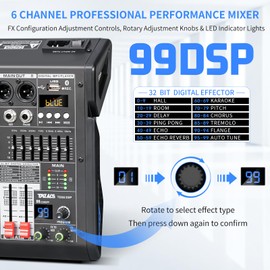 TKLBLS Audio Mixer, 6-Channel Professional DJ Mixer with 99-Bit DSP Effects, 7-Band EQ, 48V Phantom Power, MP3/Computer Input - Studio Audio Mixing Console for Recording & Live Performances