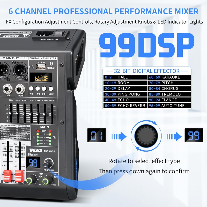 TKLBLS Audio Mixer, 6-Channel Professional DJ Mixer with 99-Bit DSP