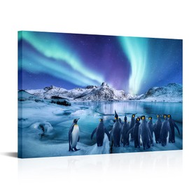 sechars Aurora Borealis Wall Art Penguins on Iceberg Landscape Picture for Living Room Home Decoration Framed Ready to Hang 24x36Inch