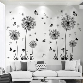 Arawat Pack of 2 Wall Stickers Dandelion Living Room Wall Stickers Flowers Wall Stickers Bedroom Wall Stickers Children's Room Window Tattoo for Gluing Black Wall Pictures Plants for Kitchen Bathroom
