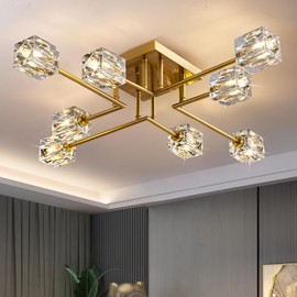 OKES Modern Crystal Ceiling Light,Semi Flush Mount Ceiling Light Fixture with 8-Lights,Gold Sputnik Chandeliers for Bedroom,Dining Room,Farmhouse Kitchen,Office,Living Room