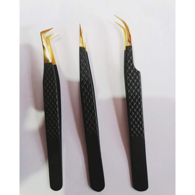 Stainless Steel Eyelash Extension Tweezers Straight, Curved,Angled Set of 3