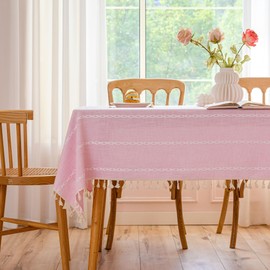 mstexa Pink Linen Table Cloth for Rectangle Table Burlap Tablecloth with Tassel Kitchen Dining Room Water Resistant Table Cloths 55x102 Inch