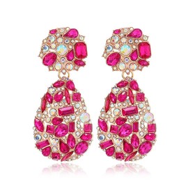 Aloha Earrings Non Pierced Gold Tone Clip On Sparkling Crystal Teardrop Chandelier Statement Dangling Earrings (Pink)