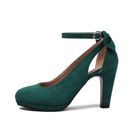 elerhythm Women's Mary Jane Heels with Bow Retro Closed Round Toe Suede Ankle Strap Pumps Gatsby Vintage Shoes, Green