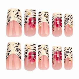MERVF Long Square Press on Nails Off-white French Tip Fake Nails Flower Press ons Glue on Nails Cheetah Leopard Squoval Coquettish Acrylic False Nails Animal Print Design Glossy 24pcs