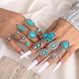 Boho Turquoise Ring Set for Women Silver Western Stackable Knuckle Rings Vintage Cactus Flower Midi Finger Aesthetic Ring Statement Jewelry Gifts (14Pcs)