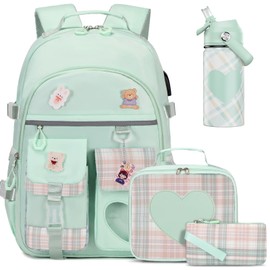 ACESAK Backpack for Girls with Insulated Water Bottle, Bookbag Backpack for Girls Kids, 14oz Termos Kids Water Bottle Stainless Steel, Lunch Bag & Pencial Case, Back To School Gift (Green)