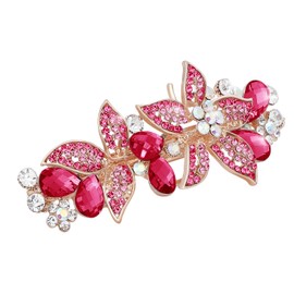 Hair Clip, Flower Design, Bijou Barrette with Stones, Elegant, Gorgeous, Weddings, Recitals, Graduation Ceremonies, Rhinestones, Sparkling (Pink)
