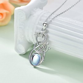 enjoylifecreative Moonstone Dragon Necklace for Women Girls Sterling Silver Celtic Dragon Necklace Dragon Jewellery Birthday Gifts for Men Boys, Sterling Silver, Moonstone