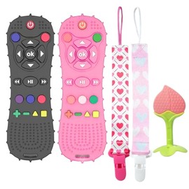 5 Piezas Kit Mordederas Bebes Juguete Control Remoto SIlicona Modedera de Fruta Cordon Sujetador Clip Mordedera Texturas Encías Bebés (Paquete 1)