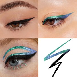 2-in-1 Waterproof Liquid Eyeliner, Curved Black Tip and Chameleon Color Shifting Eyeliner Pen, Quick Drying for All-Day Wear, Smudge Proof and Transfer Proof Eye Liner for women (Green and Purple)