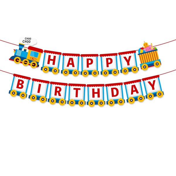 Train Theme Happy Birthday Banner, Party Decoration, Blue and Red,Party