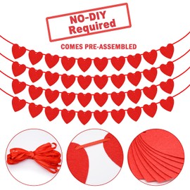 40 Pcs Red Felt Heart Banner Garland for Valentine's Day Decorations - NO DIY Required - Love Hearts Hanging String Garland for Valentine's Day Decorations Wedding Anniversary Birthday Party Supplies (Red)