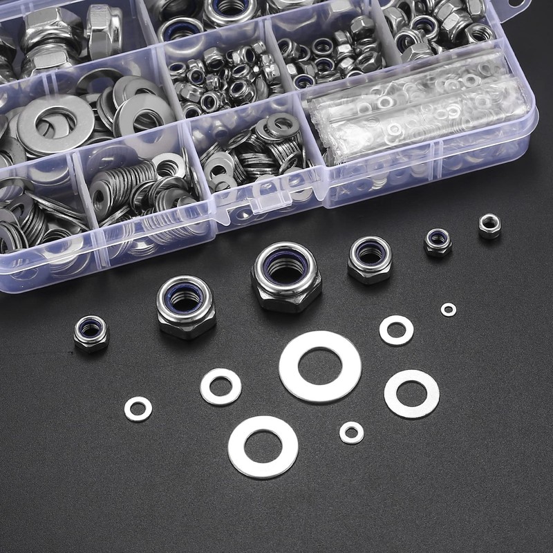 Pack of 980 Locking Nuts with Flat Washers Assortment, Screw