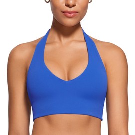 INGIA Womens Halter Longline Sports Bra Padded Low Back Yoga Bar Workout Crop Top with Built in Bra Royal Small